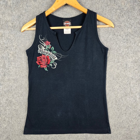 Harley-Davidson Tops - Harley Davidson Tank Top Womens Small Black Rose Rhinestone Graphic Biker Y2K